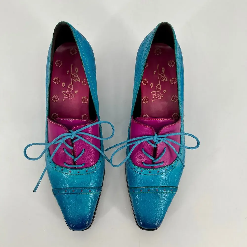 Smaibulun Soffia Kitten Heel Oxford Shoe Womens EU 39 US 8-8.5 Turquoise Leather